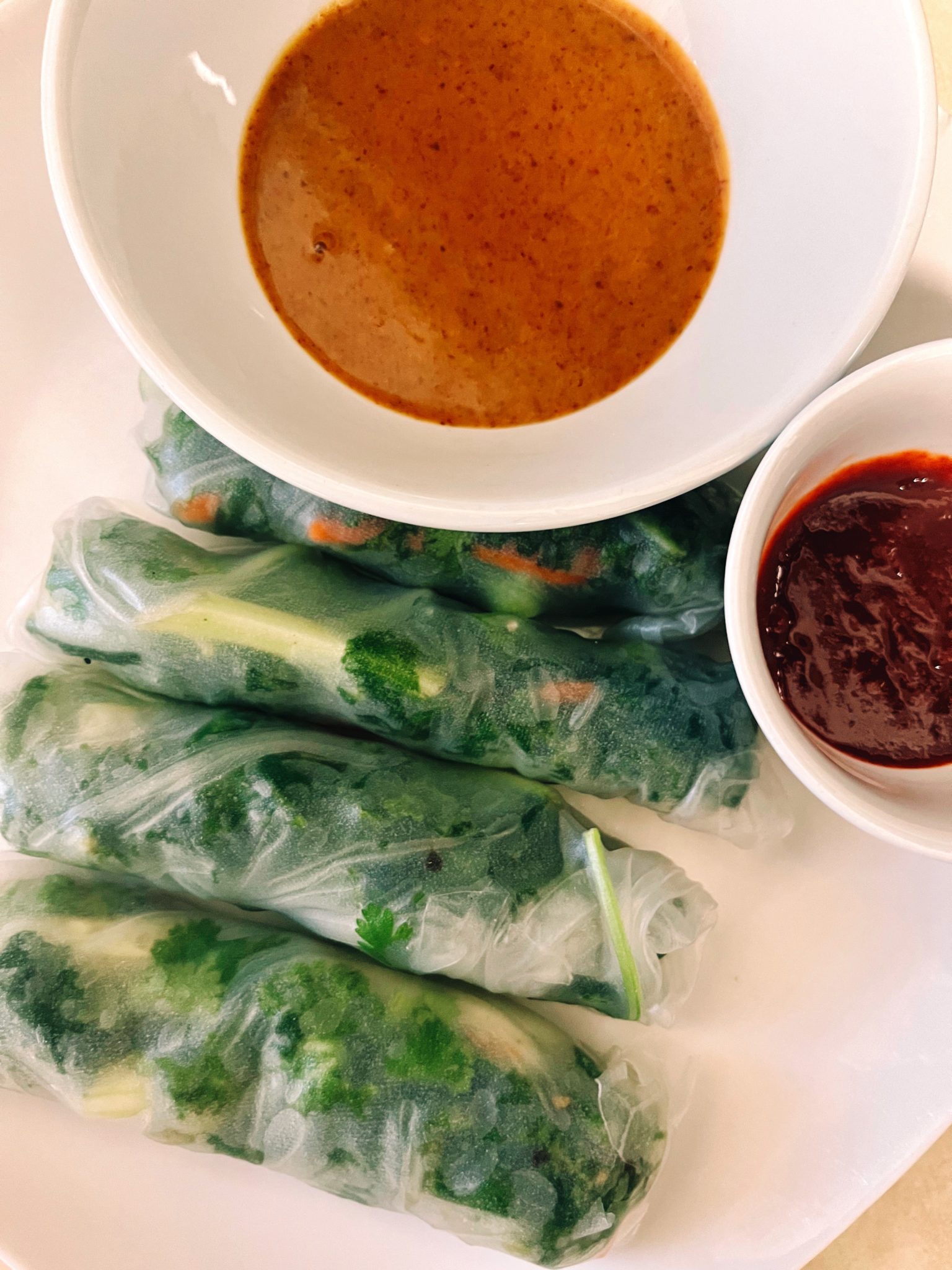 Veggie Spring Rolls With Almond Butter Dipping Sauce & Gochujang Sauce 