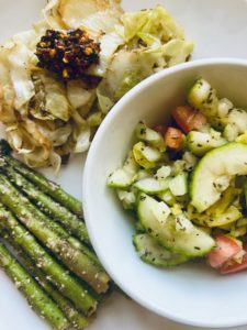 sea-salt-black-pepper-roasted-cabbage-chili-crisp-vegan-parmesan-asparagus-herbes-de-provence-basil-cucumber-salad