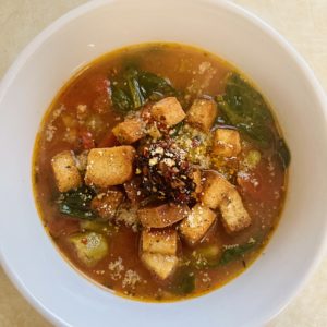 vegetable-soup-homemade-gluten-free-croutons-chili-crisp-vegan-parmesan