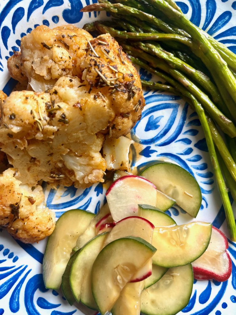 roasted-cauliflower-asparagus-marinated-cucumber-radish-salad