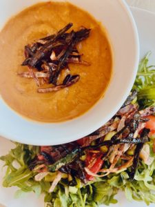 roasted-butternut-squash-soup-fried-shallots-poblano-pepper-warm-arugula-salad